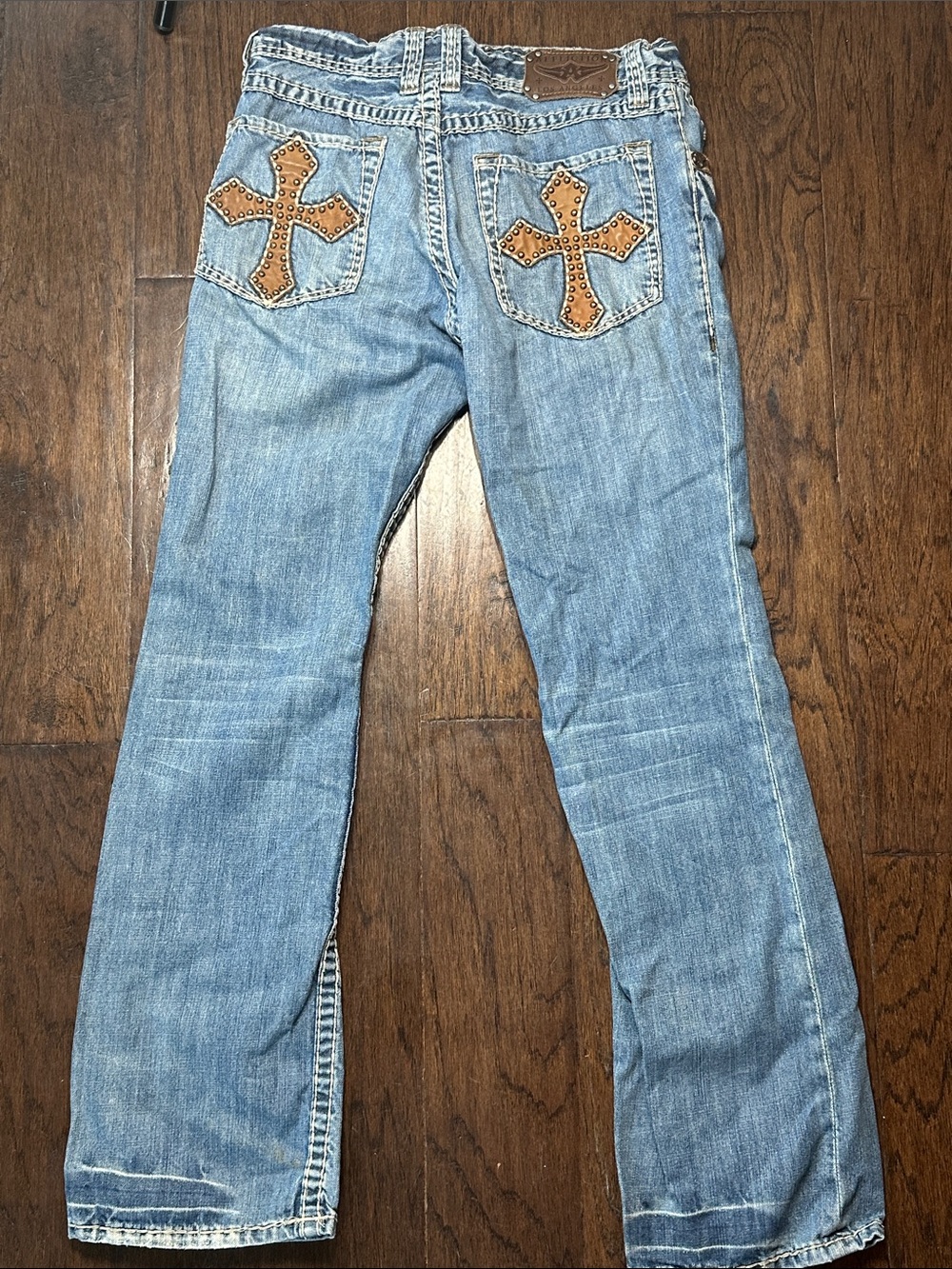 Affliction Light Blue Flare Jeans with Tan Trim - Picture 3 of 3